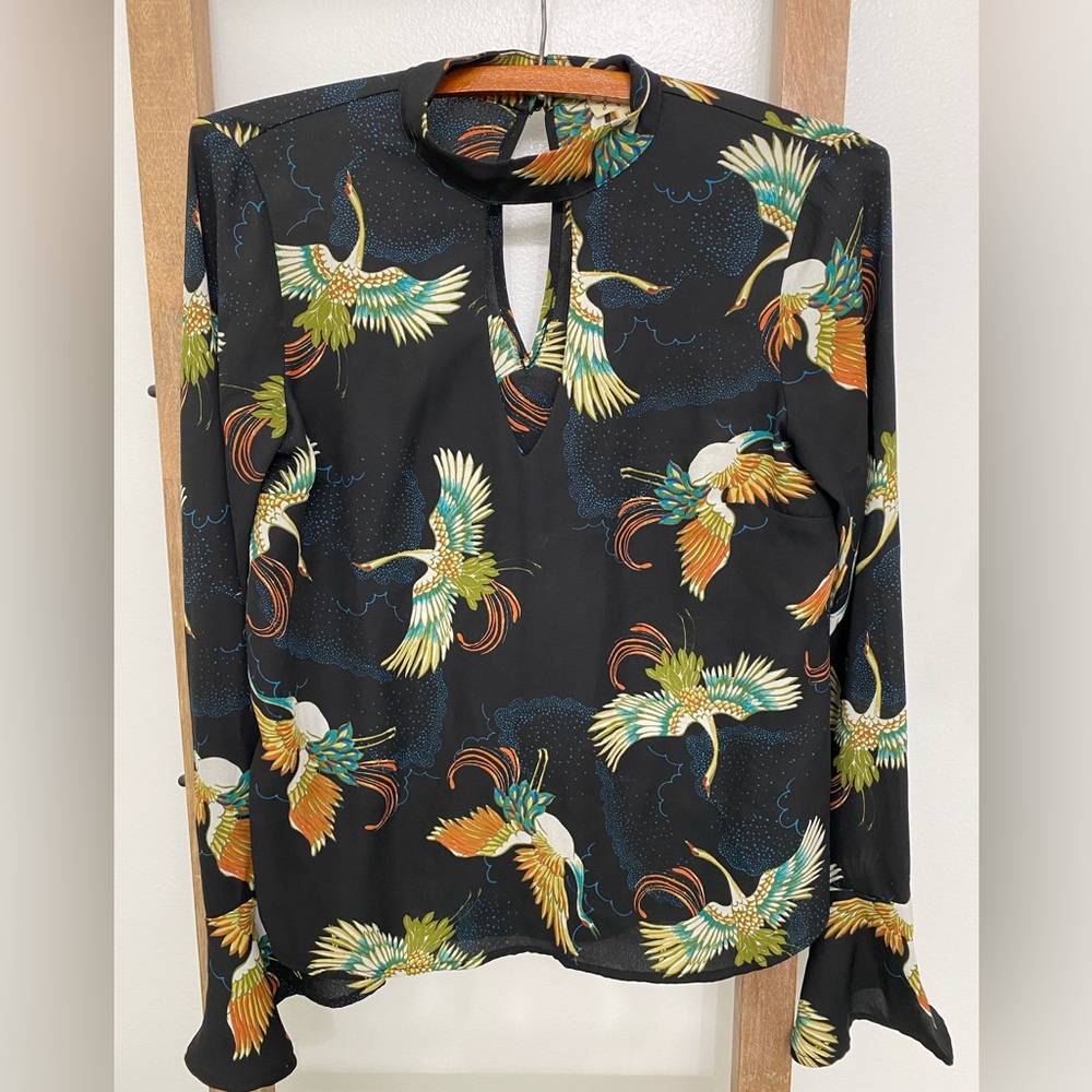 LILY WHITE Black Print blouse|Long Sleeve Ruffle Top|Unisex career Shirt Size XS